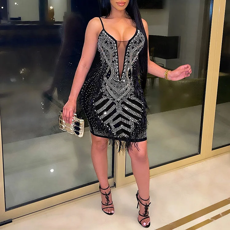 Rhinestone Sleeveless Feather Detailed Sheer Mesh Bodycon Dress - IRBOOM Fashion Clothing