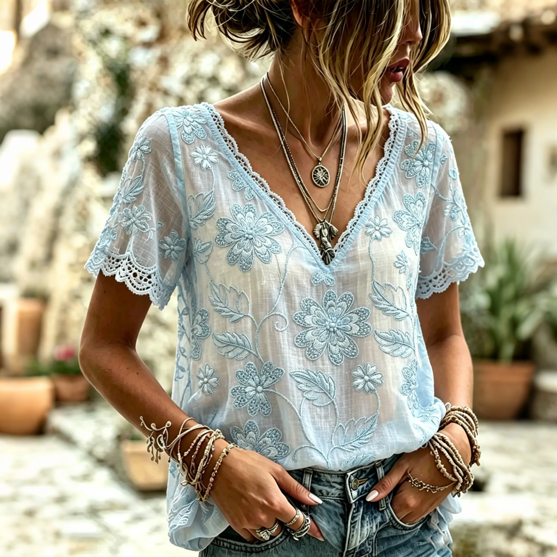 Comstylish Women's Elegant Retro Vacation Floral Cotton Linen V-neck T-shirt