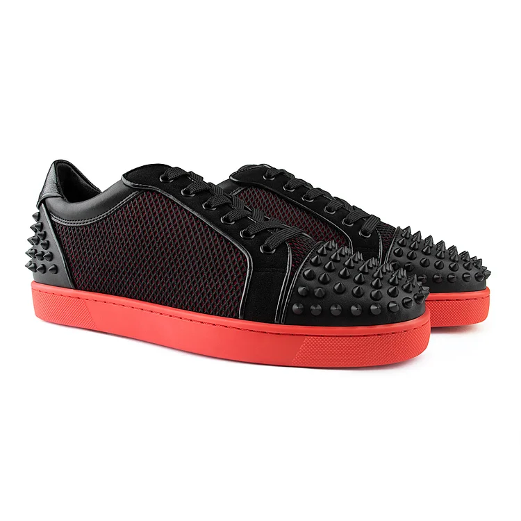 Gentleman's Black Low Top Sneakers with Front Rivet Red Bottom Shoes VOCOSI VOCOSI