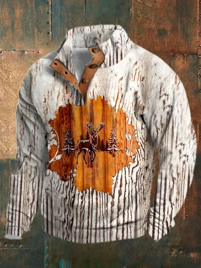 Men's Vintage Western Deer Print Button-Neck Sweatshirt
