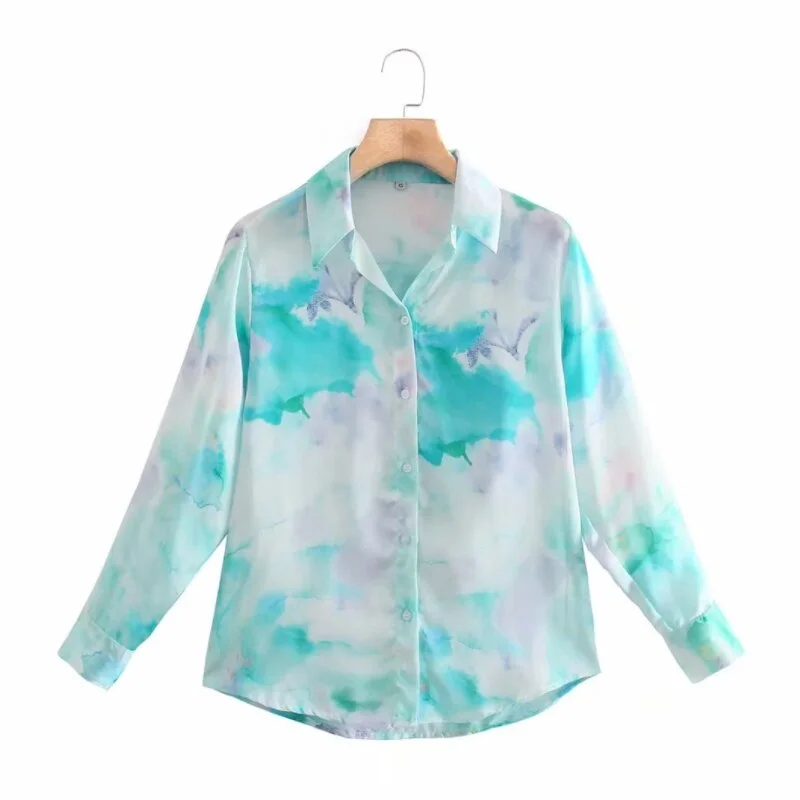 Hot Sale  Women Tie Dye Printing Casual Blouse Female Long Sleeve Shirt Office Lady Loose Tops Blusas S8698