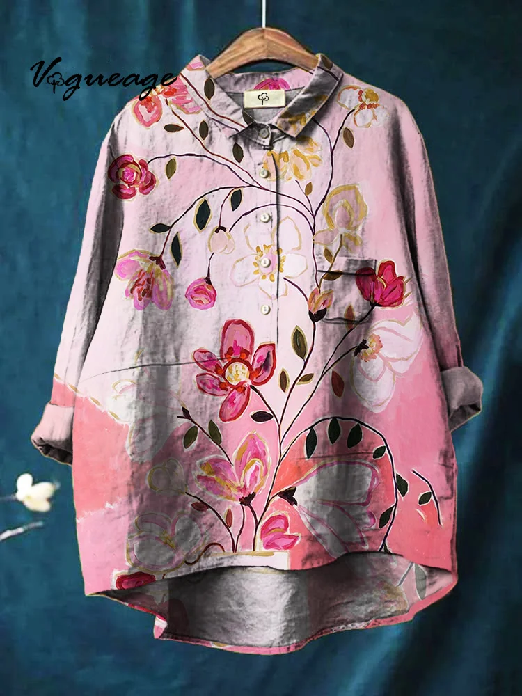 Gentle Fashionable And Versatile Flowers Printed Cotton And Linen Shirt