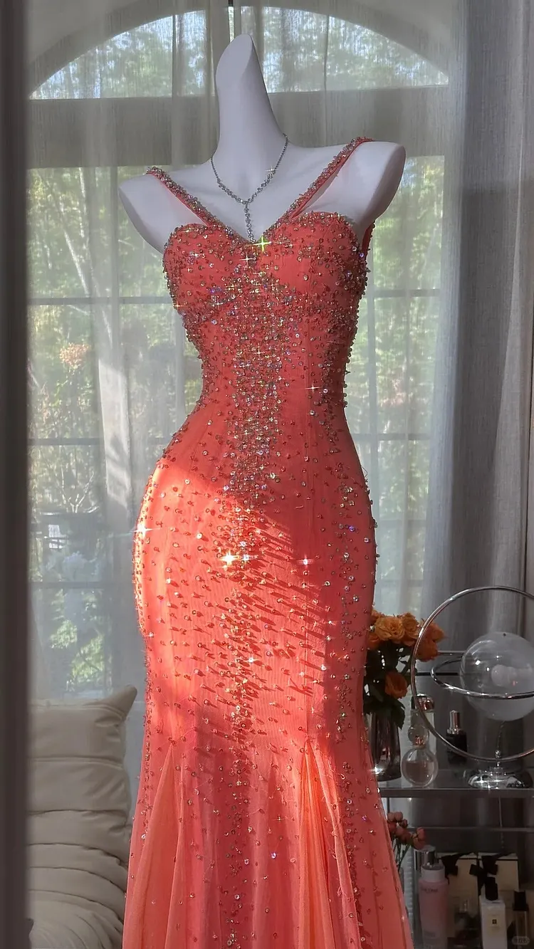 New Orange luxurious gorgeous exquisite beaded long vintage chiffon prom dress 