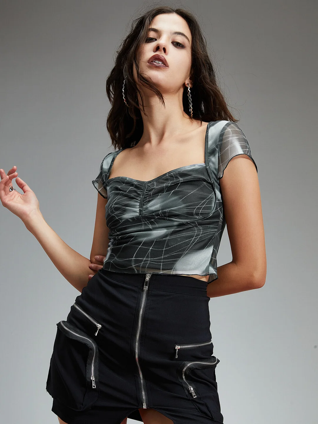 Print Lettuce Trim Short Sleeve Sqaure Collar Crop Top