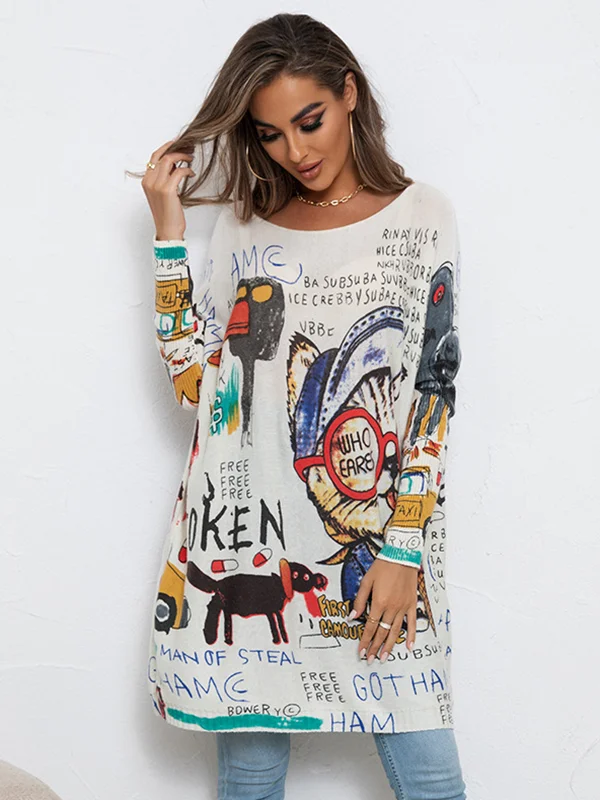 Casual Long Sleeves Loose Cartoon Printed Contrast Color Round-Neck Sweater Tops