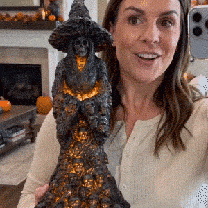 Midnight Black glowing skull witch Halloween statue