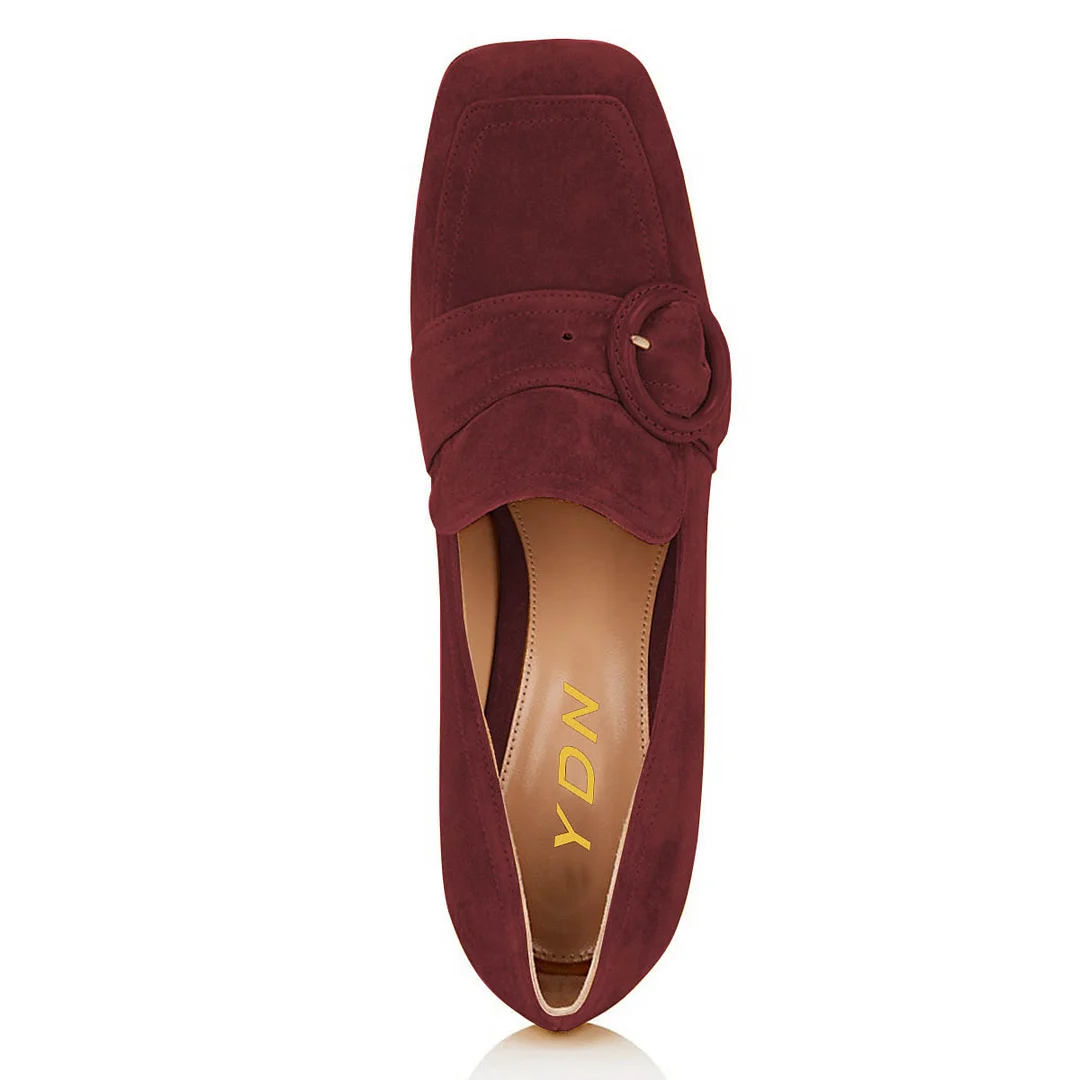 Maroon Square Toe Vegan Suede Chunky Heeled Loafers with Buckle