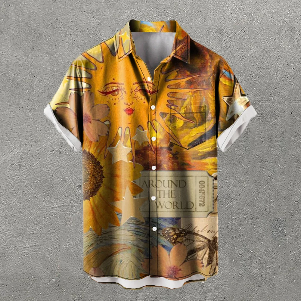 Sunflower Print Short Sleeve Pocket Shirt