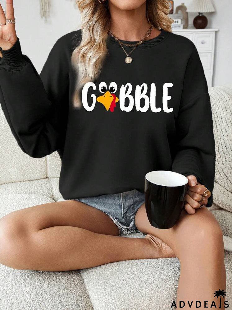 Casual Letter & Animal Pattern Crew Neck Loose Fit Thick Sweatshirt For Plus Size, Autumn/Winter