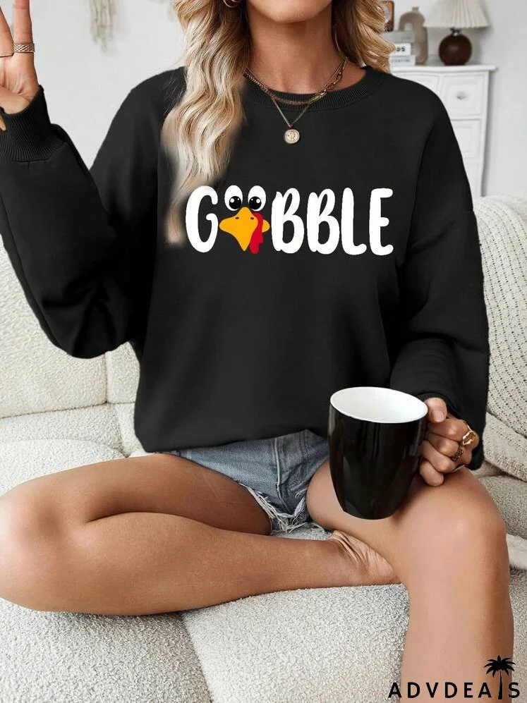 Casual Letter & Animal Pattern Crew Neck Loose Fit Thick Sweatshirt For Plus Size, Autumn/Winter