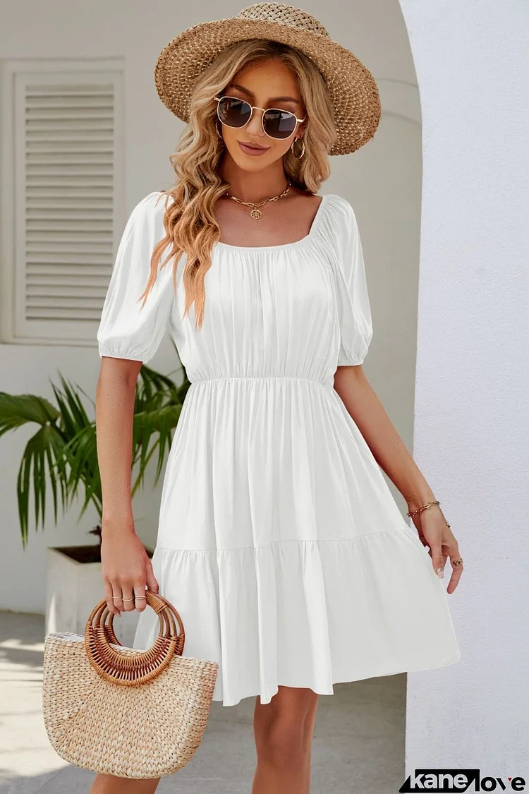 Ruched Square Neck Puff Sleeve Mini Dress