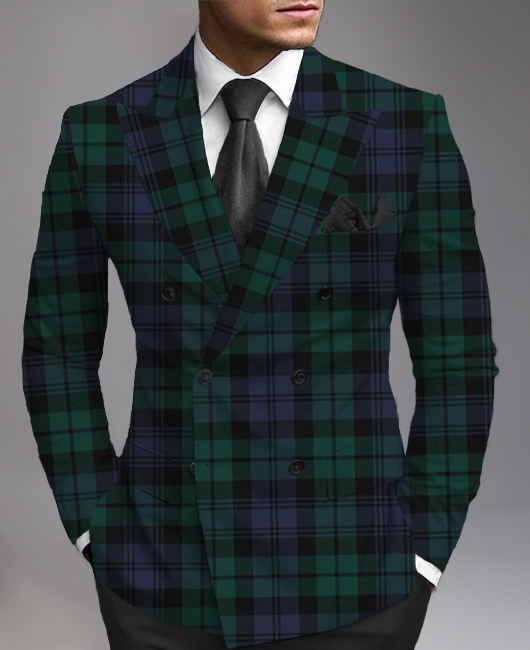 Business Plaid Print Peaked Lapel Double Breasted Blazer