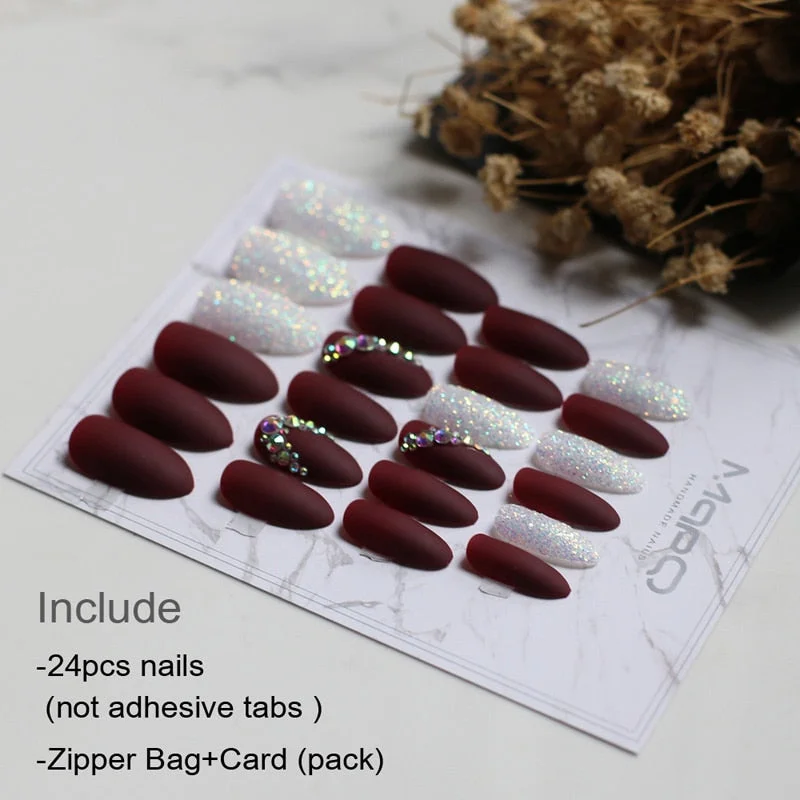Matte flash art nails box Match press on nails Burgundy AB rhinestone fasle nails stiletto with adhesive tabs select-Nail Inspo