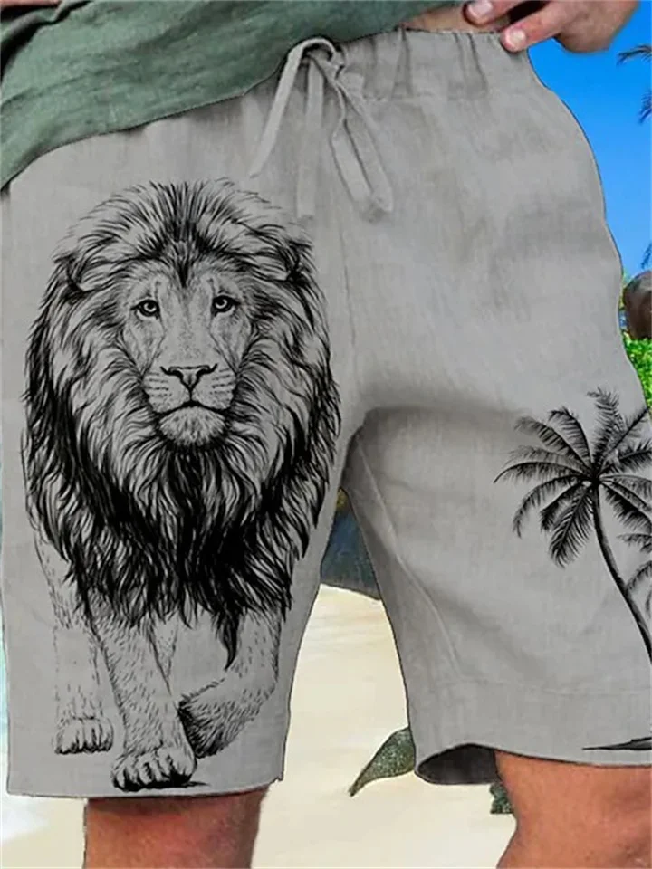 Men's Drawstring Shorts Lion Coconut Print White Gray Brown Blue-Cosfine
