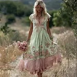 Boho Pink Floral Embroidered Lace Trim Flowy Linen Maxi Dress - Image 7