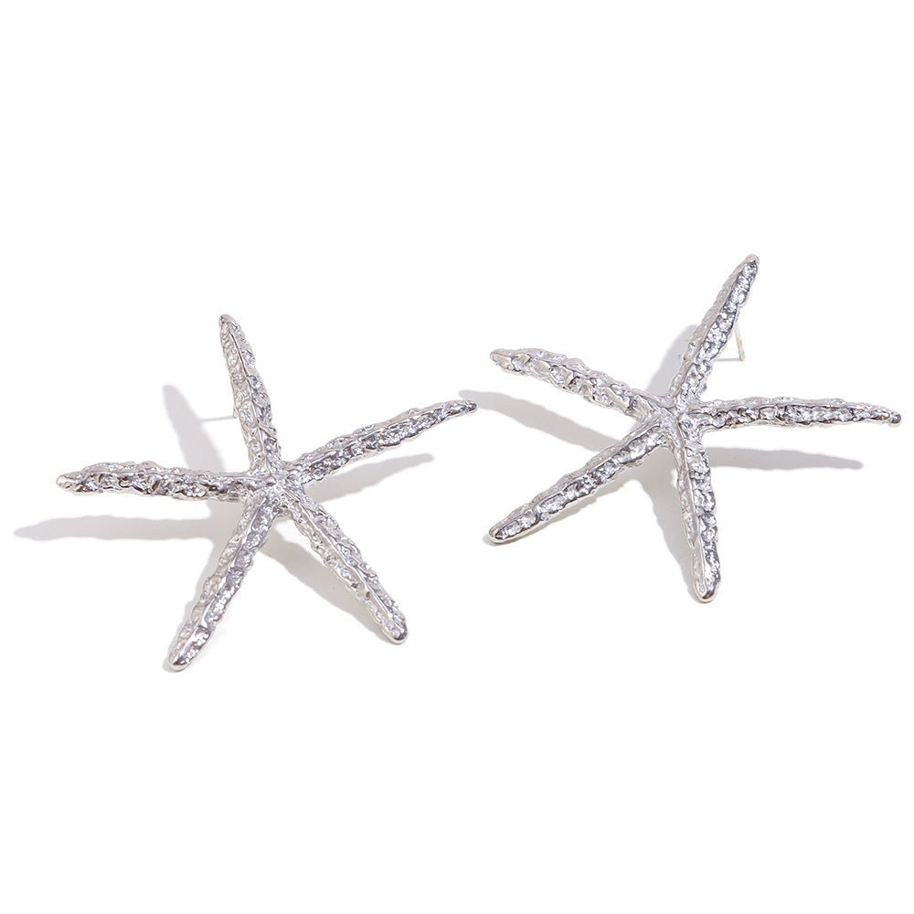 Ins Style Exaggerated Ocean Style Earrings Stainless Steel 18K Gold Plated Hammered Starfish Earrings