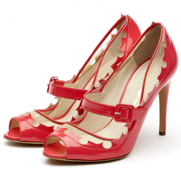 Women's Red Mary Jane Shoes Peep Toe Stiletto Heels Vintage Shoes |FSJ Shoes