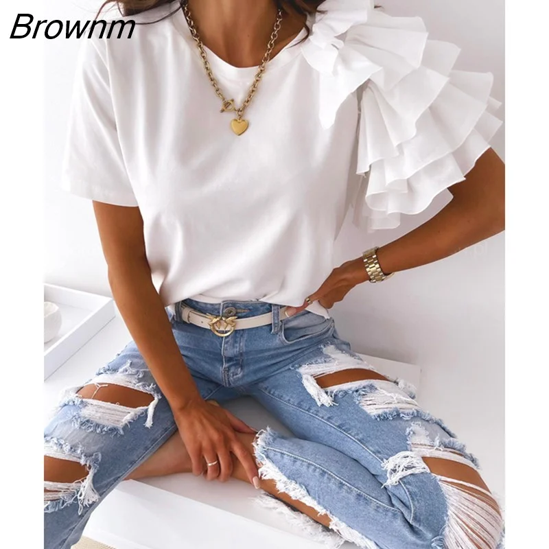 Brownm Fashion New Summer Simple Ruffle Short-sleeved Round Neck Ladies T-shirt Women's Casual Office Tops Soild Color