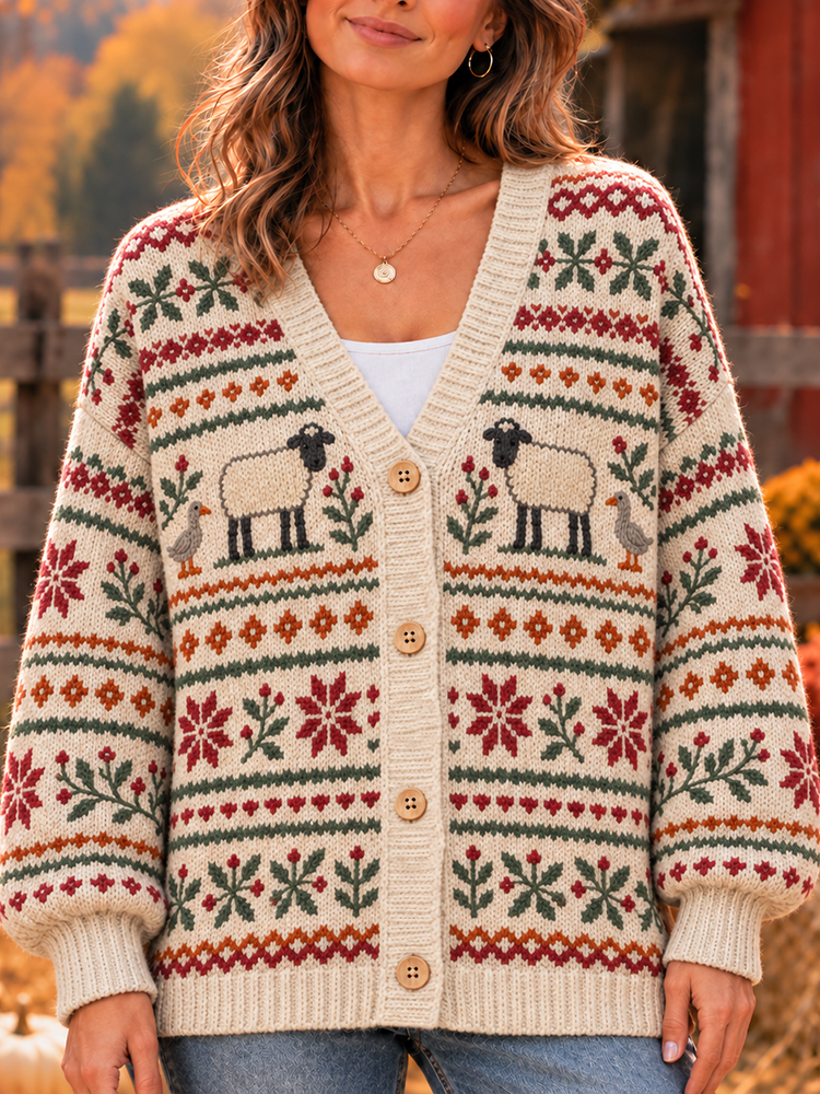 Comstylish Women's Sheep, Duck And Floral Nordic Pattern Knit Cardigan