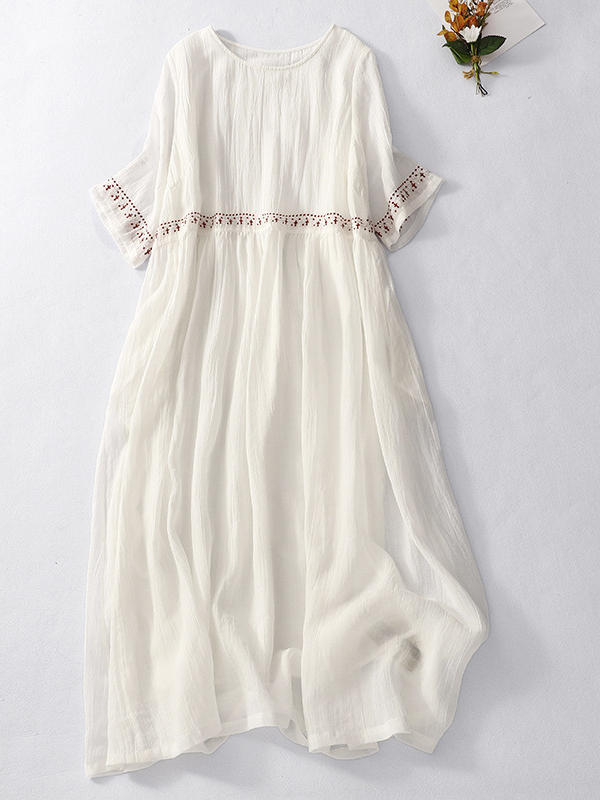 Women's Cotton Linen Dress Crew Neck Short Sleeve Embroidery Floral Midi Dress