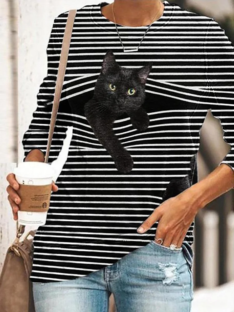 Women's Cat Printed Round Neck Loose Long Sleeves Shirts & Tops