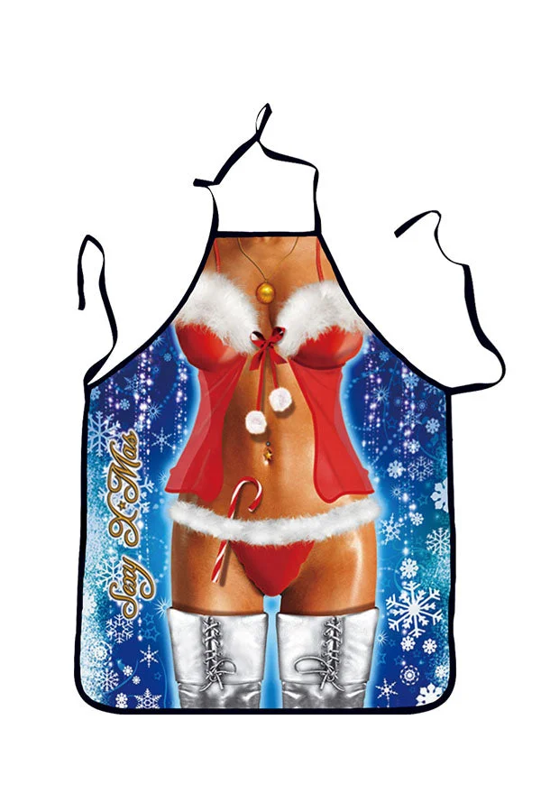 Adult Party Cosplay Sexy Lingerie Print Christmas Apron Blue-elleschic