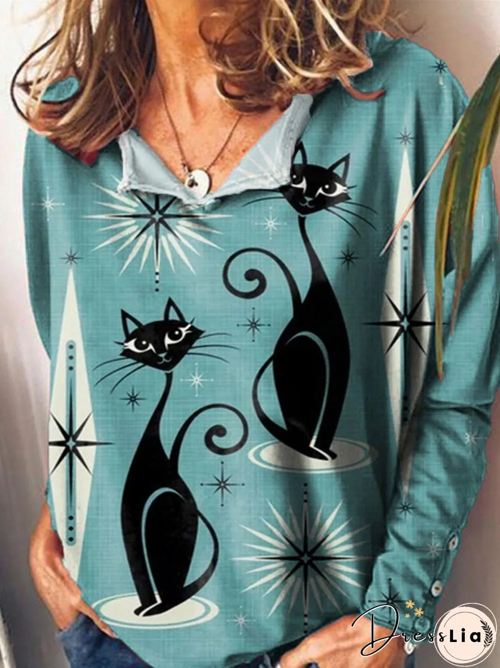 Casual Cat Print V Neck Long Sleeves T-shirt