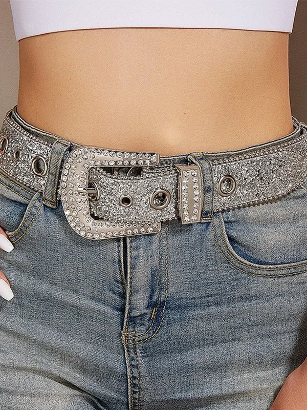 Brownm targeted sequin buckle belt with rhinestones