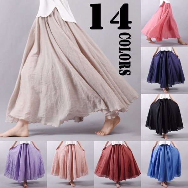Women Double Layer Linen Maxi Skirt Pleated Vintage Boho Maxi Long Casual Cotton Beach Skirt Dress - Shop Trendy Women's Fashion | TeeYours