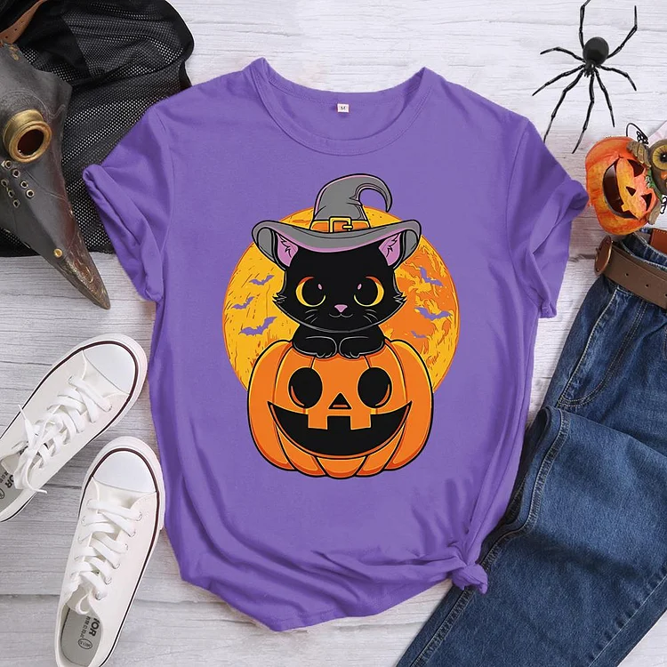 Halloween Cat Pumpkin Round Neck T-shirt-0019311