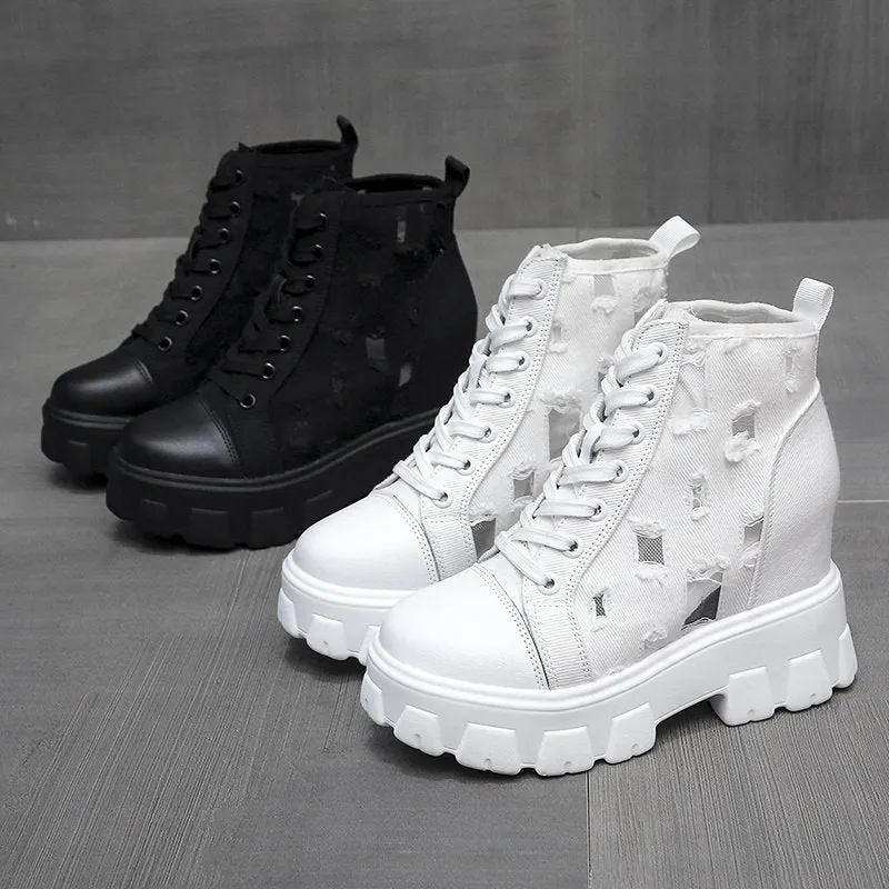2022 Autumn Hollow Out Canvas Ankle Boots For Women Round Toe Lace Up Hidden Heels Shoes Woman Chunky Platform Booties