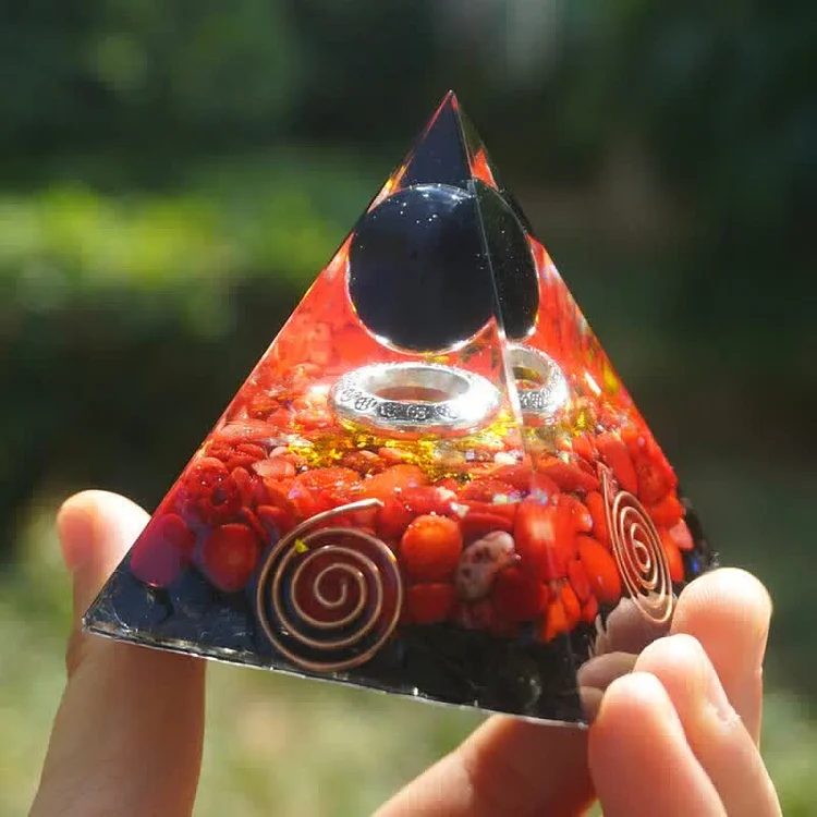 Obsidian Sphere With Red Coral Orgone Pyramid