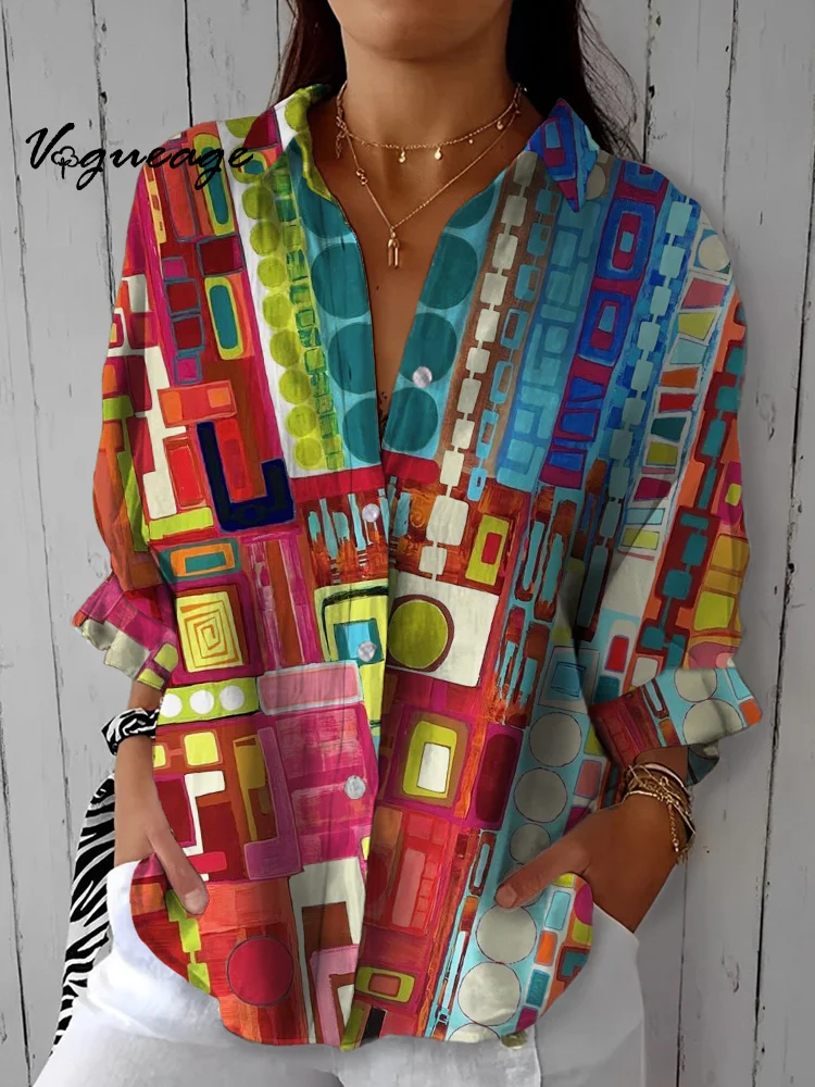 Bright Colorful Creative Pattern Stitching Printed Cotton And Linen Shirt
