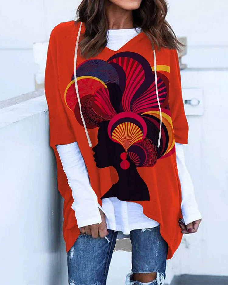 Retro Bright Print Six-Quarter Sleeve Hooded Tee