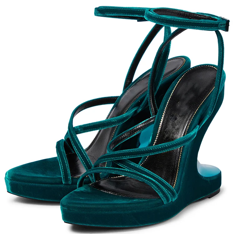 Vintage Blue Velvet Shoes Women's Strrappy Wedge Heel Office Sandals |FSJ Shoes