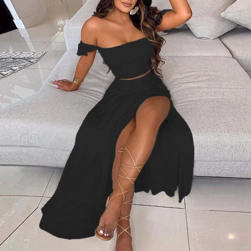 CM.YAYA Women Boho Elegant High Side Split Maxi Long Skirts Suit with Strapless Crop Tops Matching Two 2 Piece Set Outfits 2022