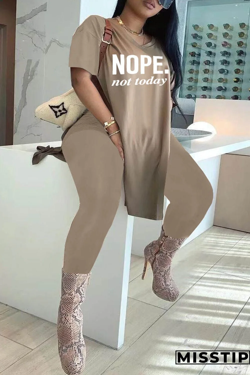 Black Fashion Casual Letter Print Slit V Neck Plus Size Two Pieces