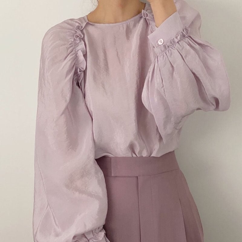 Korean Loose Summer women Tops 2021 Long-sleeved O-neck Temperament Shirt Ruffle Fashion Shirt Casual Solid Color Blouse  14091