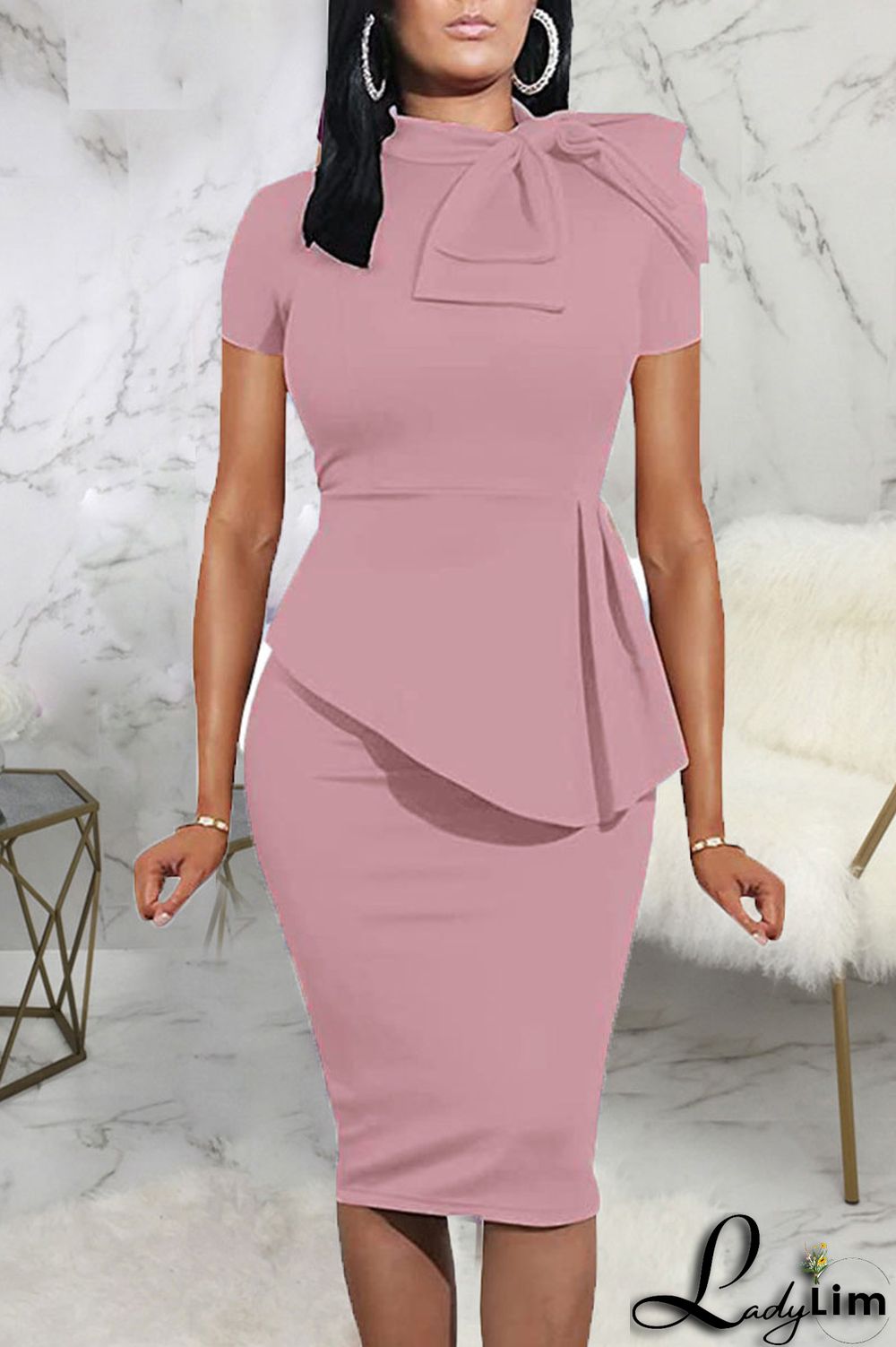 Coral Powder Casual Solid Patchwork Asymmetrical With Bow O Neck One Step Skirt Dresses