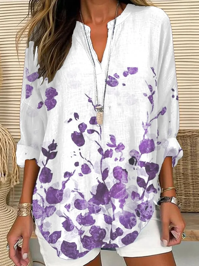 Women's Purple Floral Print Casual Long Sleeve V-Neck Shirt