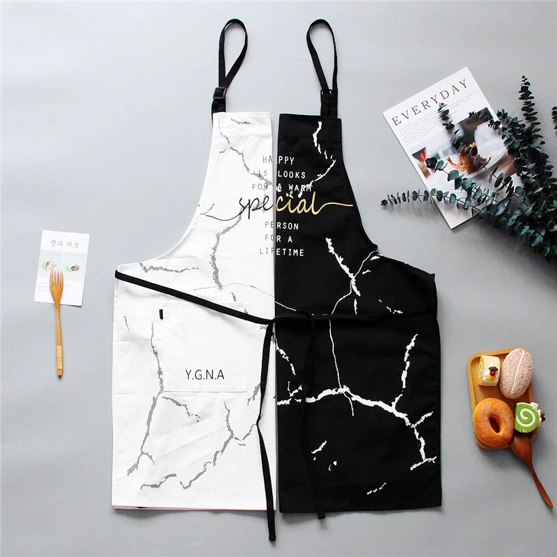 INS Nordic Cotton Apron Black White Marble Cooking Aprons For Men Women with Big Pocket Bib Overalls Kitchen Baking Accessories