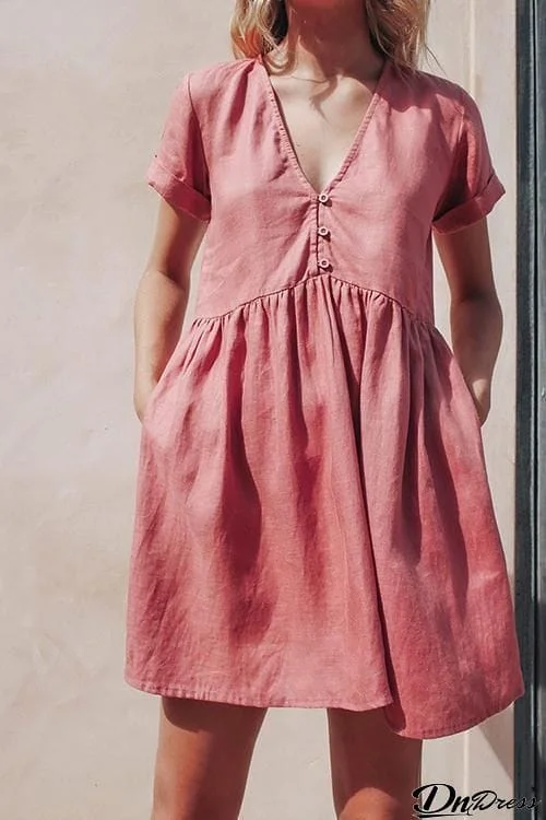 Linen V Neck Pockets Mini Dress