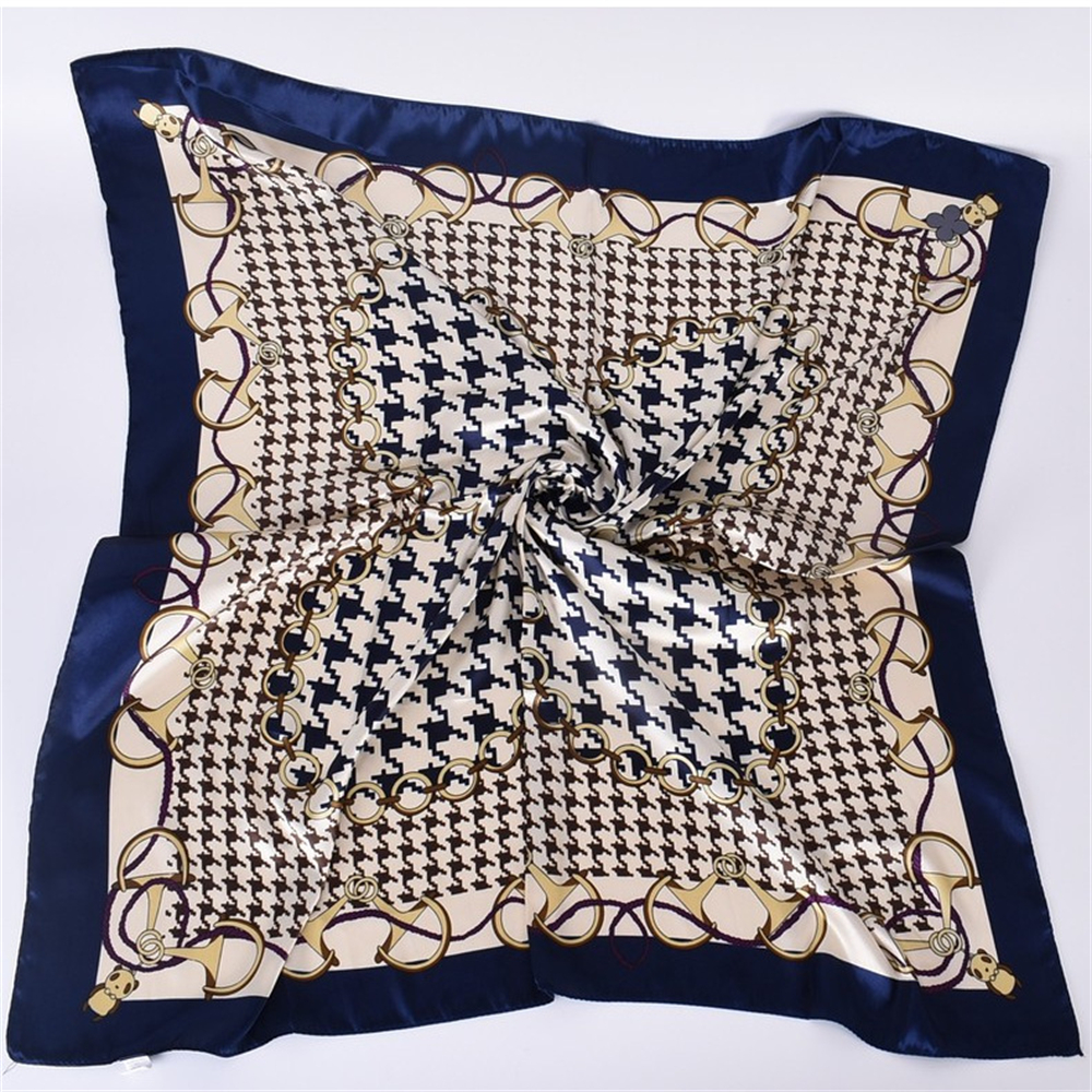 90cm*90cm Satin Big Houndstooth Printed Square Scarfs Navy-vocosishoes