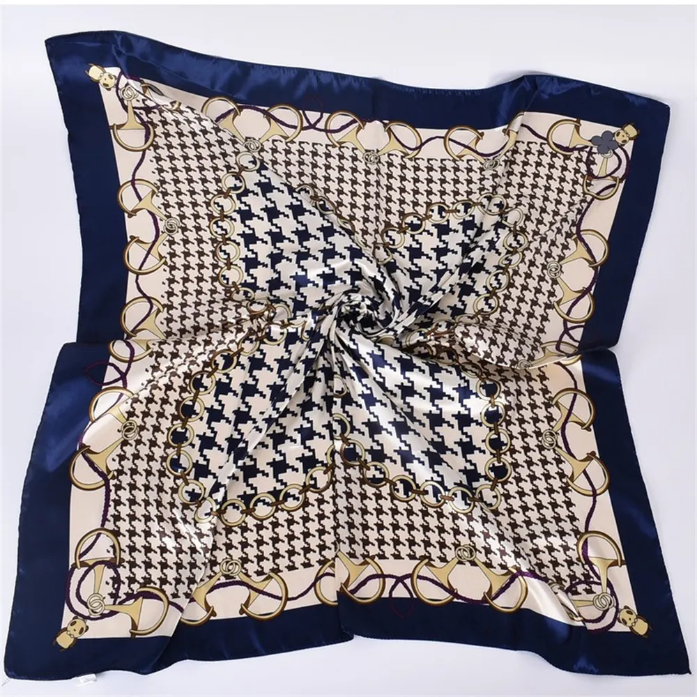 90cm*90cm Satin Big Houndstooth Printed Square Scarfs Navy-vocosishoes