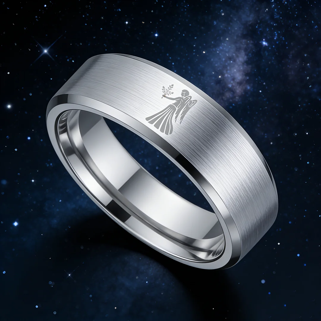 Beveled Edges Sliver Laser Etched Tungsten Carbide Rings Sliver Virgo Couple Wedding Bands 4MM 6MM 8MM