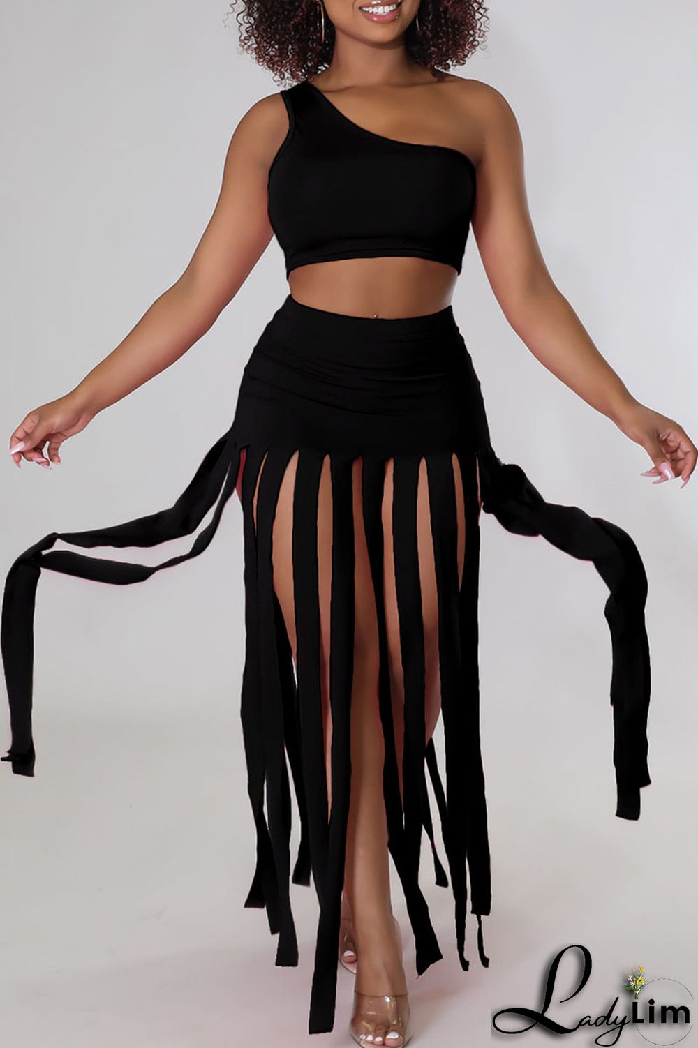 Black Sexy Solid Tassel Patchwork Oblique Collar Two Pieces