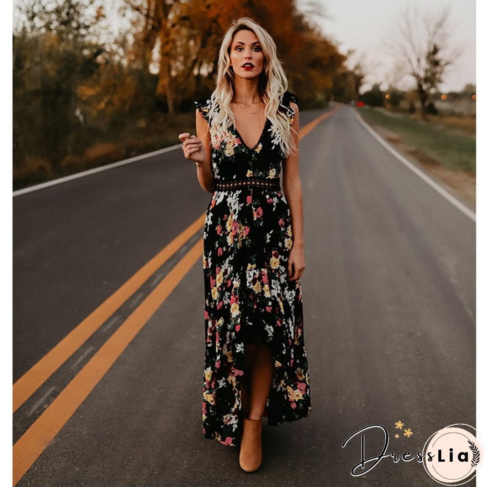 Summer Women Lace Hollow Backless Irregular Floral Long Beach Dress