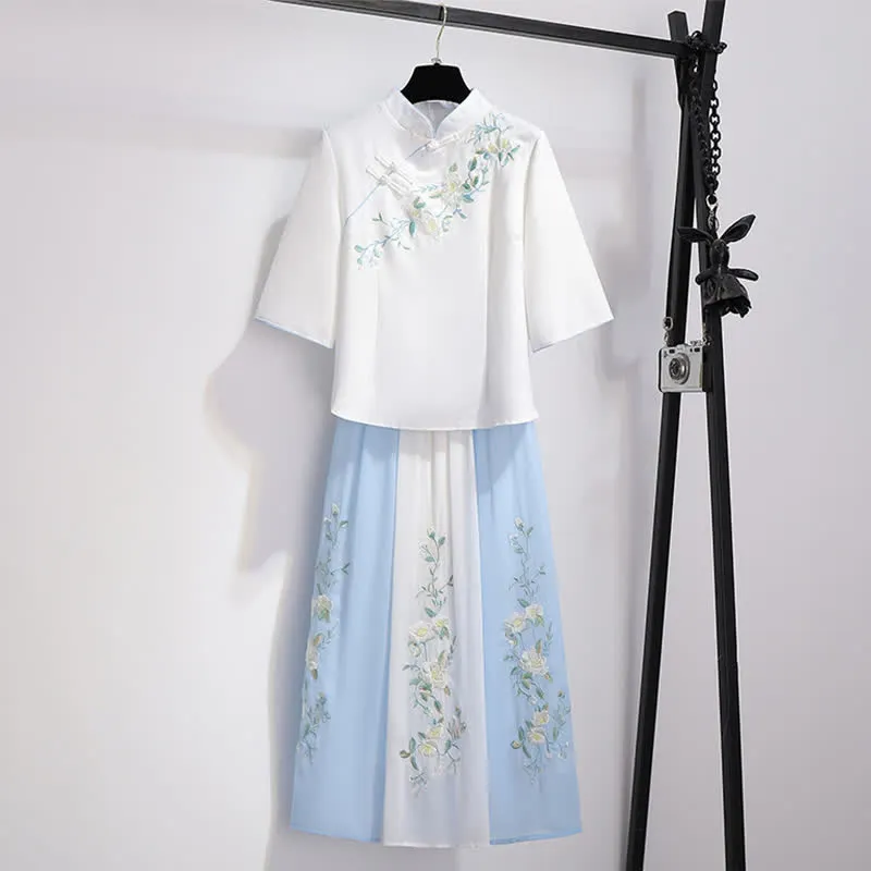 Vintage Hanfu Floral Embroidery Shirt Skirt Two Pieces Set