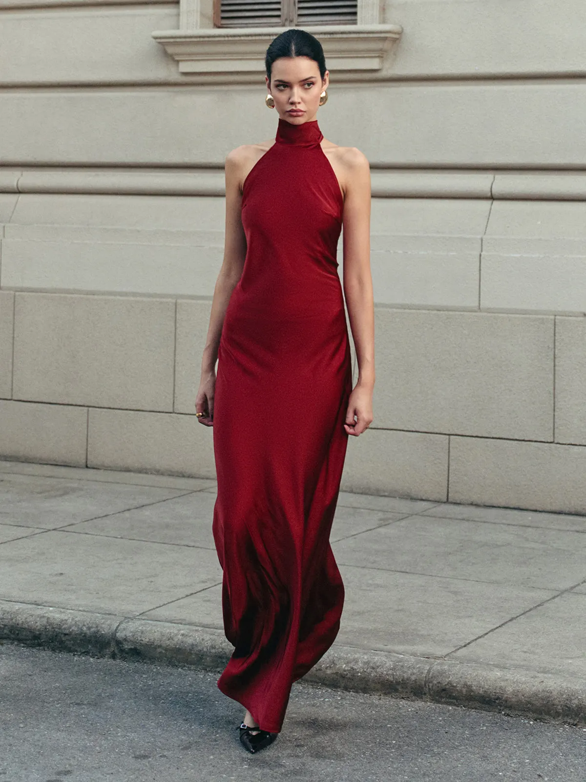 satin halter open back dress Halter tie neck backless gown