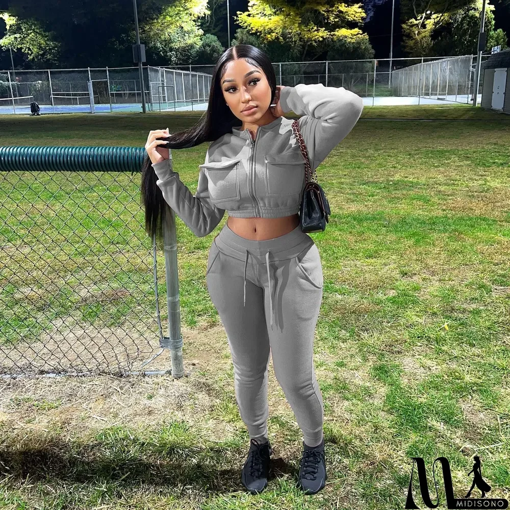 MidiSono - Women'S Solid Zip Flap Pocket Long Sleeve Two-Piece Pants Set Sweatsuits